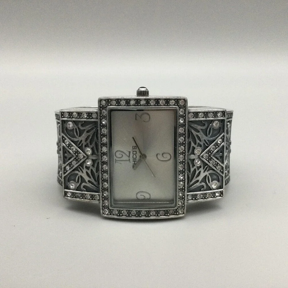 Chico's Womens Watch 34mm Silver Tone Crystals Bangle Dress New Battery - Picture 6 of 12